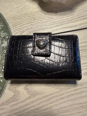Brighton: Black Croc-Embossed Wallet with Heart Snap